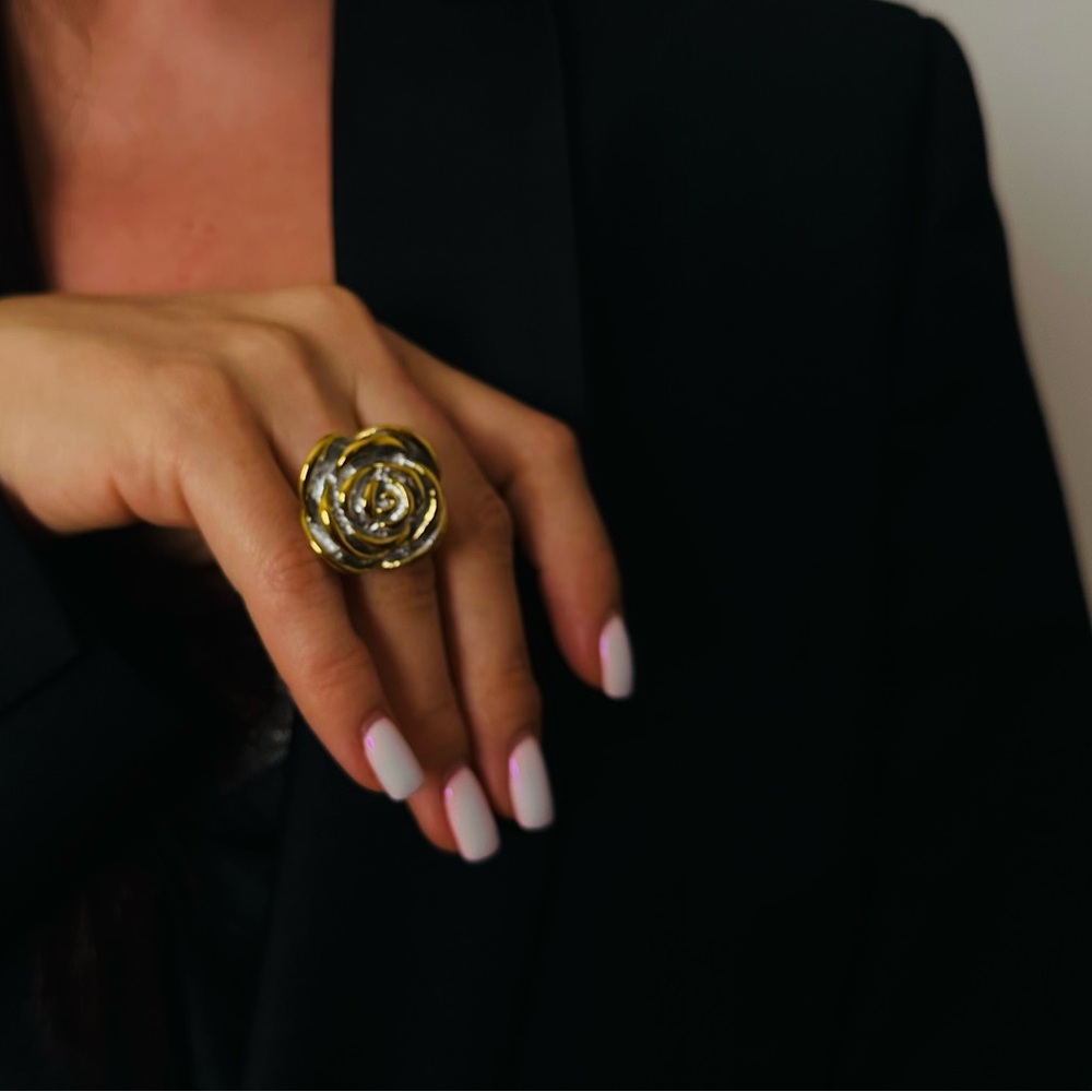 New Gold Plated Ring Flower Silver Boho Statement - Picture 4 of 10
